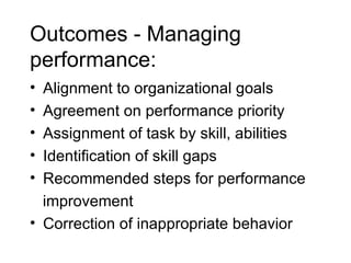 Outcomes - Managing performance: Alignment to organizational goals Agreement on performance priority Assignment of task by skill, abilities Identification of skill gaps Recommended steps for performance improvement  Correction of inappropriate behavior  