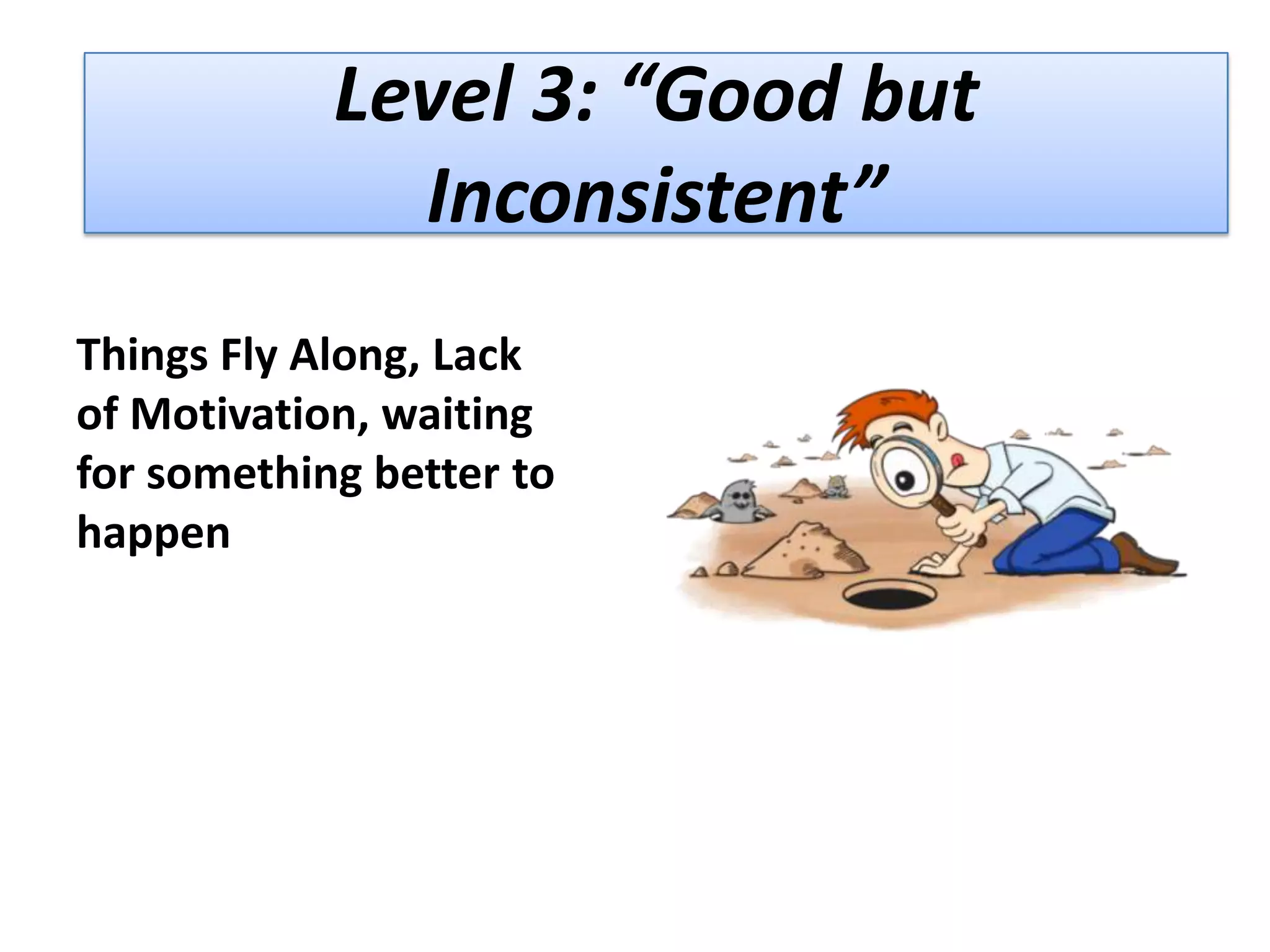 Level 3: “Good but
Inconsistent”
Things Fly Along, Lack
of Motivation, waiting
for something better to
happen

 