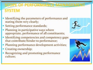 SCOPE OF PERFORMANCE MANAGEMENT
SYSTEM
 Identifying the parameters of performance and
stating them very clearly;
 Setting performance standards;
 Planning in participative ways where
appropriate, performance of all constituents;
 Identifying competencies and competency gaps
that contribute/hinder to performance;
 Planning performance development activities;
 Creating ownership;
 Recognizing and promoting performance
culture;
 