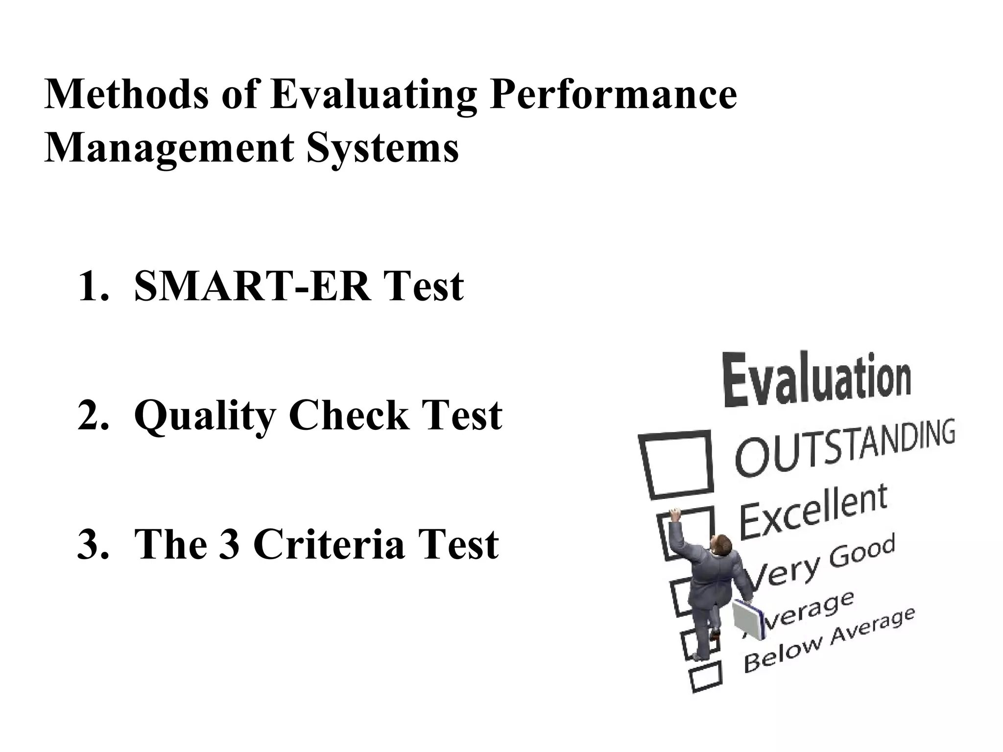 Methods of Evaluating Performance
Management Systems
1. SMART-ER Test
2. Quality Check Test
3. The 3 Criteria Test
 