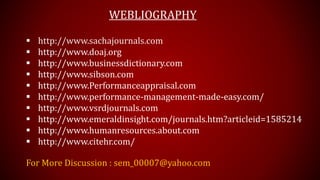 WEBLIOGRAPHY
 http://www.sachajournals.com
 http://www.doaj.org
 http://www.businessdictionary.com
 http://www.sibson.com
 http://www.Performanceappraisal.com
 http://www.performance-management-made-easy.com/
 http://www.vsrdjournals.com
 http://www.emeraldinsight.com/journals.htm?articleid=1585214
 http://www.humanresources.about.com
 http://www.citehr.com/
For More Discussion : sem_00007@yahoo.com
 