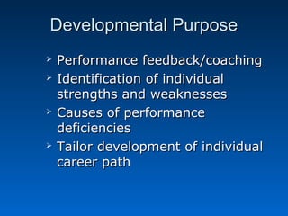 DDeevveellooppmmeennttaall PPuurrppoossee 
 PPeerrffoorrmmaannccee ffeeeeddbbaacckk//ccooaacchhiinngg 
 IIddeennttiiffiiccaattiioonn ooff iinnddiivviidduuaall 
ssttrreennggtthhss aanndd wweeaakknneesssseess 
 CCaauusseess ooff ppeerrffoorrmmaannccee 
ddeeffiicciieenncciieess 
 TTaaiilloorr ddeevveellooppmmeenntt ooff iinnddiivviidduuaall 
ccaarreeeerr ppaatthh 
 