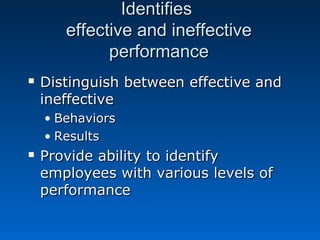 IIddeennttiiffiieess 
eeffffeeccttiivvee aanndd iinneeffffeeccttiivvee 
ppeerrffoorrmmaannccee 
 DDiissttiinngguuiisshh bbeettwweeeenn eeffffeeccttiivvee aanndd 
iinneeffffeeccttiivvee 
• BBeehhaavviioorrss 
• RReessuullttss 
 PPrroovviiddee aabbiilliittyy ttoo iiddeennttiiffyy 
eemmppllooyyeeeess wwiitthh vvaarriioouuss lleevveellss ooff 
ppeerrffoorrmmaannccee 
 