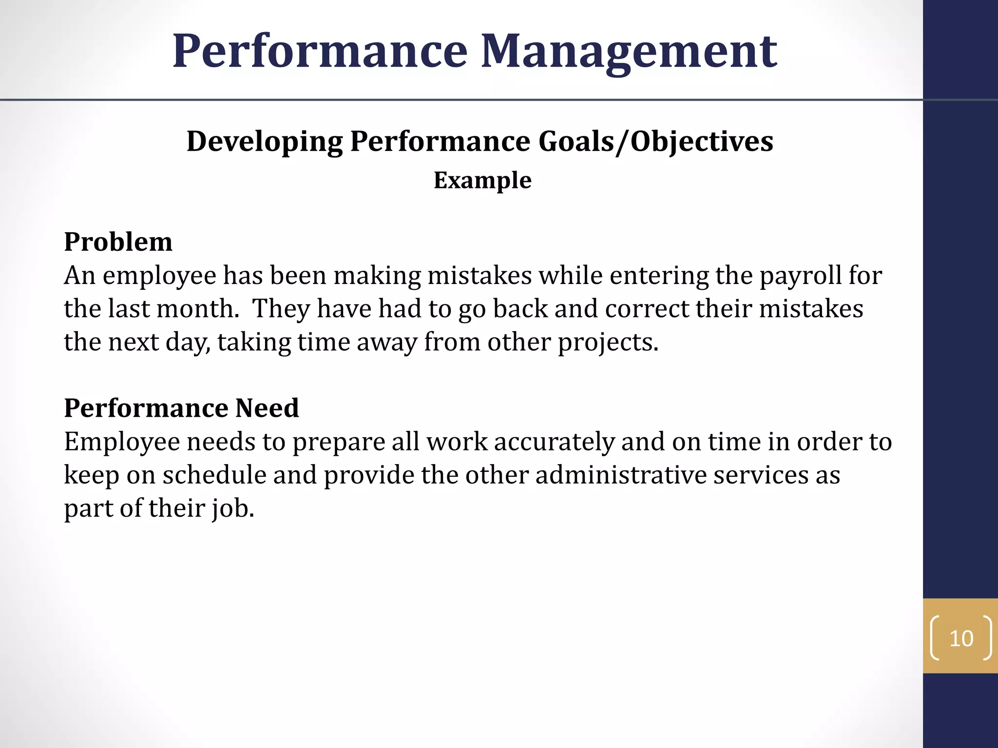 Developing Performance Goals/Objectives
Example
Problem
An employee has been making mistakes while entering the payroll for
the last month. They have had to go back and correct their mistakes
the next day, taking time away from other projects.
Performance Need
Employee needs to prepare all work accurately and on time in order to
keep on schedule and provide the other administrative services as
part of their job.
Performance Management
10
 