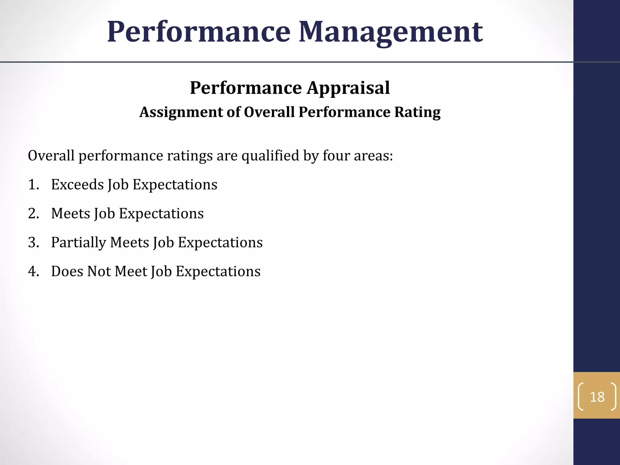 Performance Appraisal
Assignment of Overall Performance Rating
Overall performance ratings are qualified by four areas:
1. Exceeds Job Expectations
2. Meets Job Expectations
3. Partially Meets Job Expectations
4. Does Not Meet Job Expectations
Performance Management
18
 