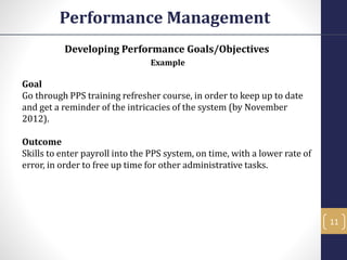 Developing Performance Goals/Objectives
Example
Goal
Go through PPS training refresher course, in order to keep up to date
and get a reminder of the intricacies of the system (by November
2012).
Outcome
Skills to enter payroll into the PPS system, on time, with a lower rate of
error, in order to free up time for other administrative tasks.
Performance Management
11
 
