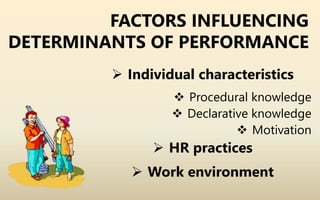 FACTORS INFLUENCING
DETERMINANTS OF PERFORMANCE
 Individual characteristics
 Procedural knowledge
 Declarative knowledge
 Motivation
 HR practices
 Work environment
 