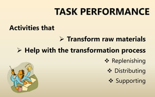 TASK PERFORMANCE
Activities that
 Transform raw materials
 Help with the transformation process
 Replenishing
 Distributing
 Supporting
 