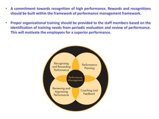 • A commitment towards recognition of high performance. Rewards and recognitions
should be built within the framework of performance management framework.
• Proper organizational training should be provided to the staff members based on the
identification of training needs from periodic evaluation and review of performance.
This will motivate the employees for a superior performance.
 