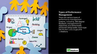 Types of Performance
Management
There are various types of
performance management
systems, including 360-degree
feedback,management by
objectives,and behaviorally
anchored rating scales. Each type
has its own advantages and
limitations.
 
