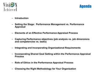 Agenda
– Introduction
– Setting the Stage: Performance Management vs. Performance
Appraisal
– Elements of an Effective Performance Appraisal Process
– Capturing Performance objectives (job analysis vs. job dimensions
and competencies vs. tasks)
– Integrating and Incorporating Organizational Requirements
– Incorporating Shared Goal Setting within the Performance Appraisal
Process
– Role of Ethics in the Performance Appraisal Process
– Choosing the Right Methodology for Your Organization
 