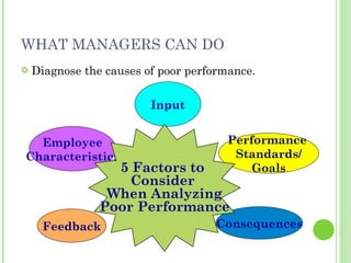 WHAT MANAGERS CAN DO ,[object Object],Employee Characteristics Performance  Standards/ Goals Feedback Consequences Input 5 Factors to  Consider  When Analyzing Poor Performance 