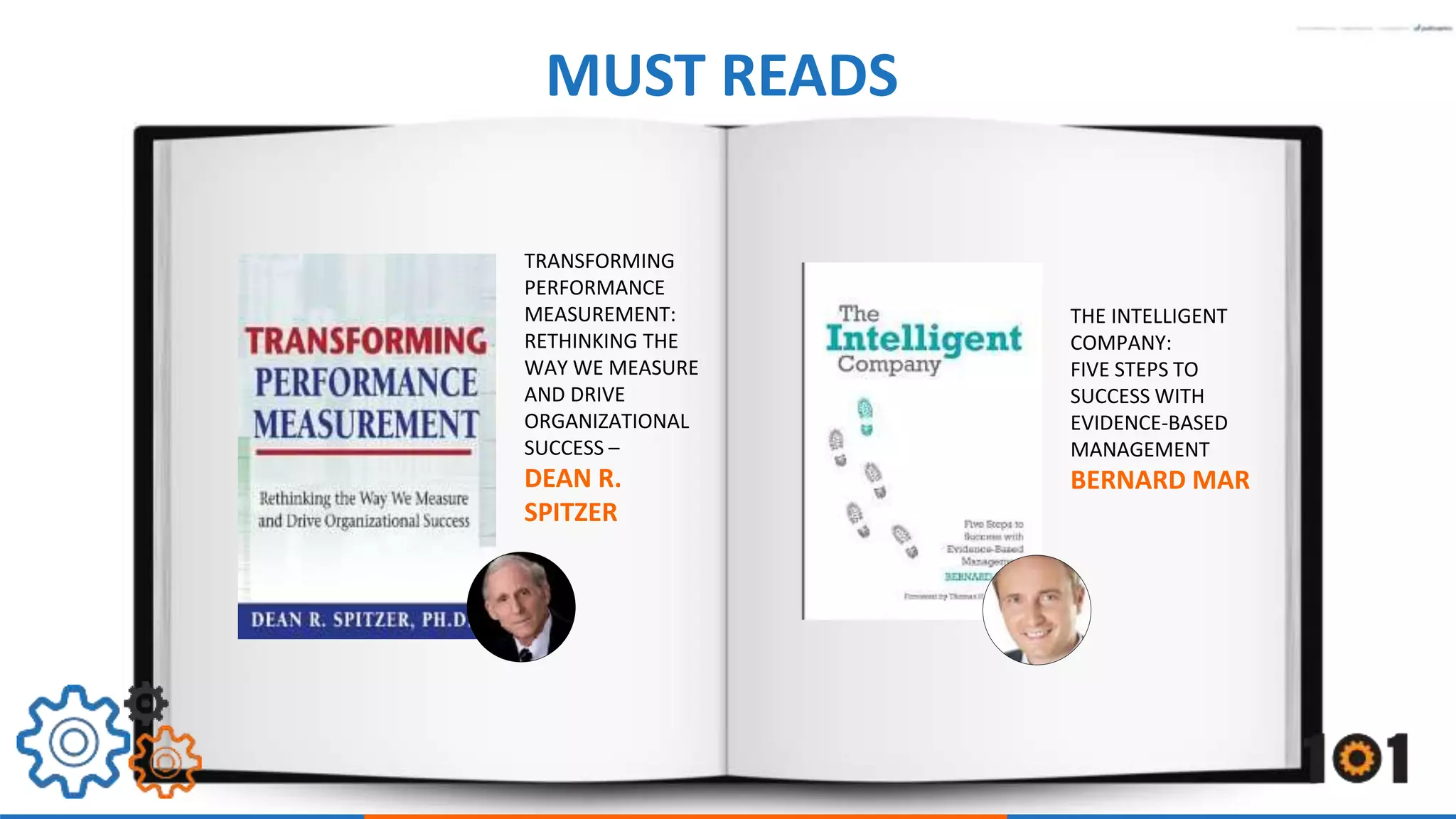 MUST READS 
THE INTELLIGENT 
COMPANY: 
FIVE STEPS TO 
SUCCESS WITH 
EVIDENCE-BASED 
MANAGEMENT 
BERNARD MAR 
TRANSFORMING 
PERFORMANCE 
MEASUREMENT: 
RETHINKING THE 
WAY WE MEASURE 
AND DRIVE 
ORGANIZATIONAL 
SUCCESS – 
DEAN R. 
SPITZER 
 