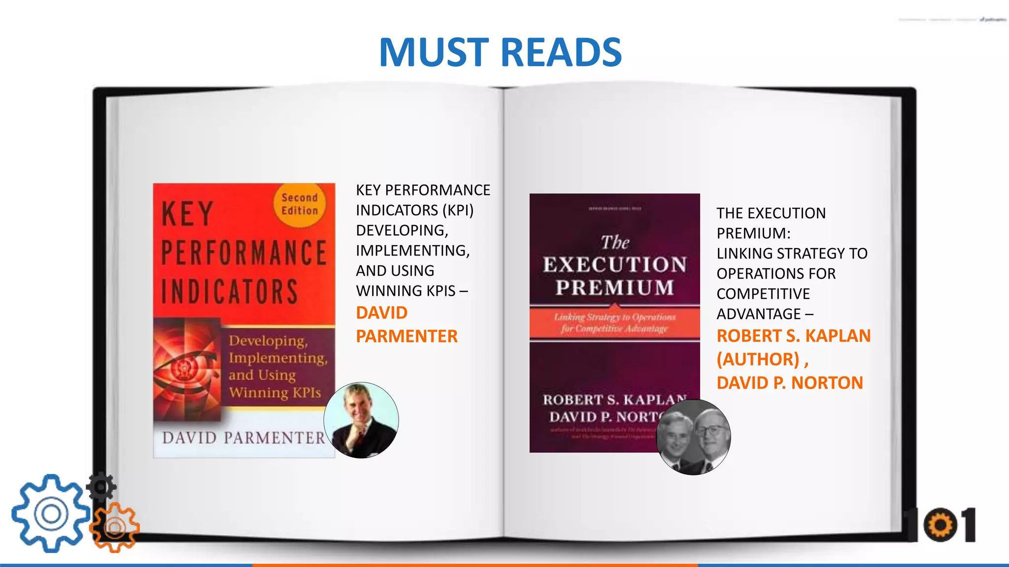 MUST READS 
THE EXECUTION 
PREMIUM: 
LINKING STRATEGY TO 
OPERATIONS FOR 
COMPETITIVE 
ADVANTAGE – 
ROBERT S. KAPLAN 
(AUTHOR) , 
DAVID P. NORTON 
KEY PERFORMANCE 
INDICATORS (KPI) 
DEVELOPING, 
IMPLEMENTING, 
AND USING 
WINNING KPIS – 
DAVID 
PARMENTER 
 