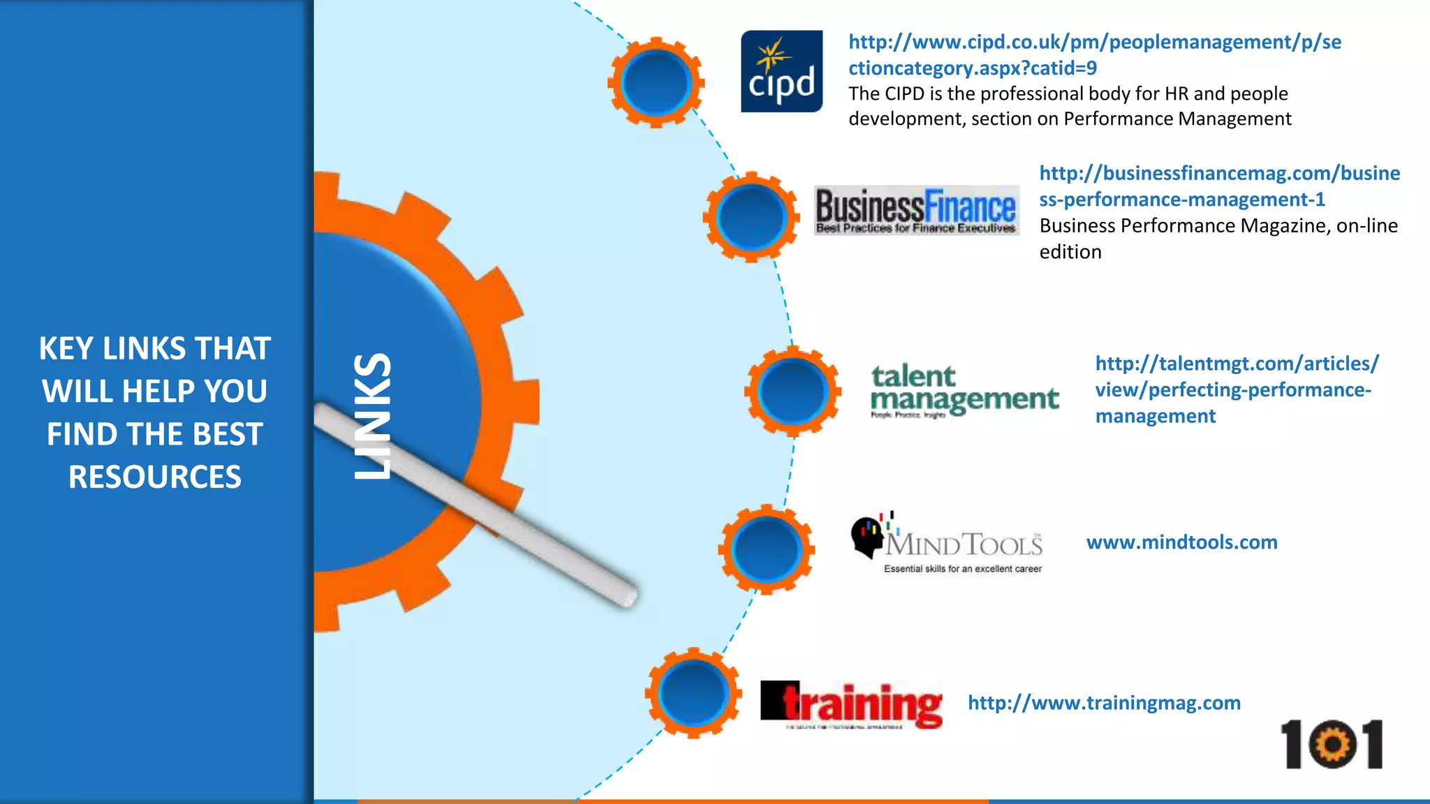 LINKS 
http://www.cipd.co.uk/pm/peoplemanagement/p/se 
ctioncategory.aspx?catid=9 
The CIPD is the professional body for HR and people 
development, section on Performance Management 
http://businessfinancemag.com/busine 
ss-performance-management-1 
Business Performance Magazine, on-line 
edition 
http://talentmgt.com/articles/ 
view/perfecting-performance-management 
www.mindtools.com 
KEY LINKS THAT 
WILL HELP YOU 
FIND THE BEST 
RESOURCES 
http://www.trainingmag.com 
 
