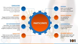 CONSULTING 
Offer consulting services to fellow 
members with rates ranging from 
i$2 to i$10 per minute depending 
on your Insight Rank. 
KEY DIFFERENTIATOR 
Remember, your Insight portfolio 
serves as a public statement of your 
Insightful competence, so build it with 
pride 
NEWSLETTERS 
Make sure you select ‘Performance 
Management’ as an area of interest in 
order to receive live feeds by email 
FRIENDS 
Make friends with fellow 
101 Insight members 
and expand your network 
SHARING INSIGHTS 
Share your own Insights, get 
feedback and earn Insight 
Points 
ACTIVITY 
Engage with like-minded members, 
join existing teams or start your own 
SOCIAL SHARING 
Get rewarded for 
socially sharing 
content 
PARTICIPATE COMMENTING 
Comment on Discussions 
and get Rewarded with 
Insight Points 
 