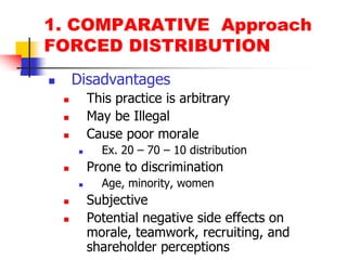 1. COMPARATIVE  ApproachFORCED DISTRIBUTIONDisadvantagesThis practice is arbitraryMay be IllegalCause poor moraleEx. 20 – 70 – 10 distributionProne to discriminationAge, minority, womenSubjectivePotential negative side effects on morale, teamwork, recruiting, and shareholder perceptions