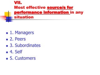 VII.Most effective source/s for performance information in any situation1. Managers2. Peers3. Subordinates4. Self5. Customers
