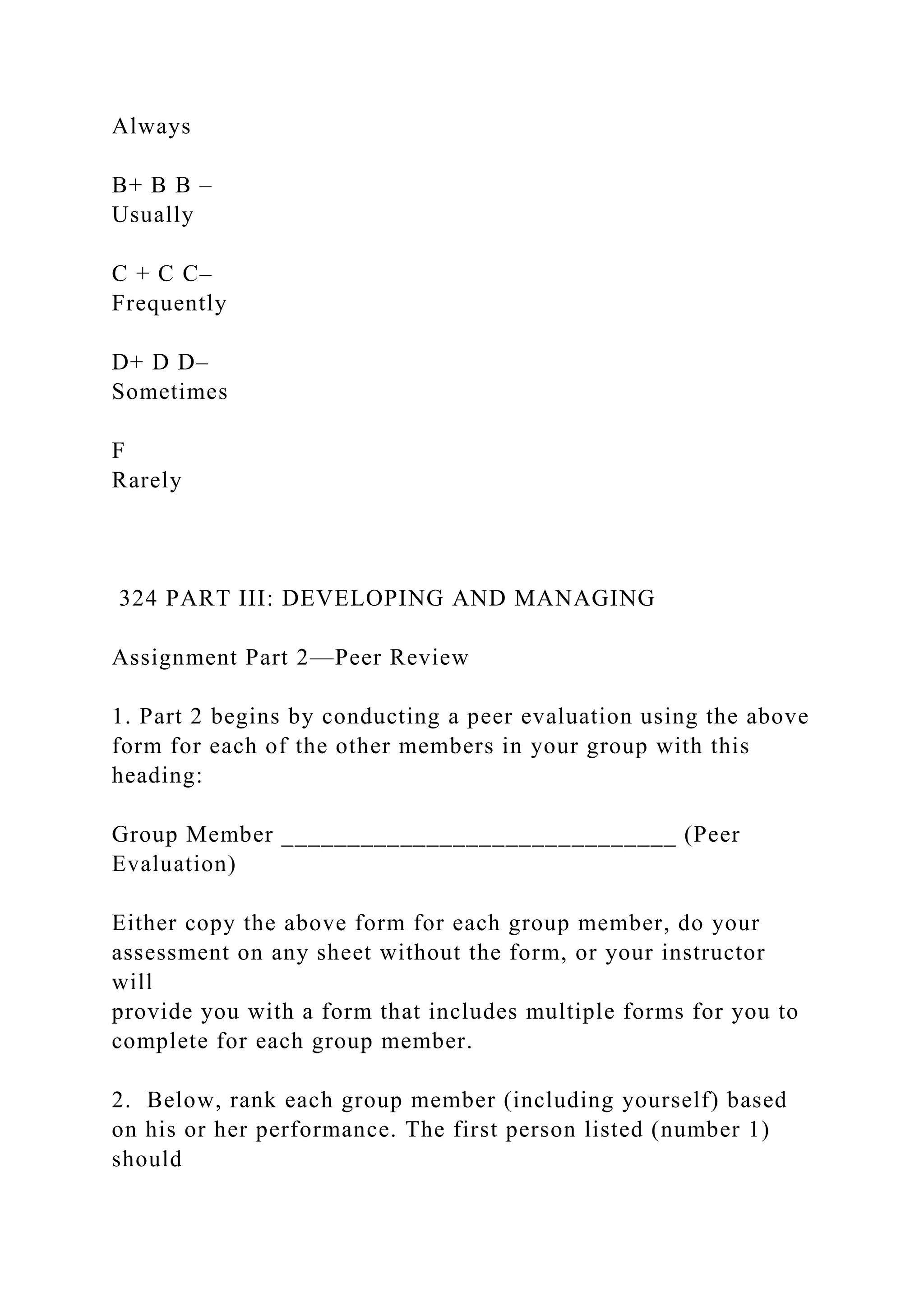 Always
B+ B B –
Usually
C + C C–
Frequently
D+ D D–
Sometimes
F
Rarely
324 PART III: DEVELOPING AND MANAGING
Assignment Part 2—Peer Review
1. Part 2 begins by conducting a peer evaluation using the above
form for each of the other members in your group with this
heading:
Group Member ______________________________ (Peer
Evaluation)
Either copy the above form for each group member, do your
assessment on any sheet without the form, or your instructor
will
provide you with a form that includes multiple forms for you to
complete for each group member.
2. Below, rank each group member (including yourself) based
on his or her performance. The first person listed (number 1)
should
 