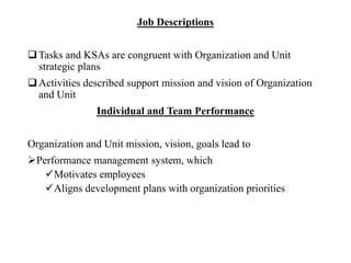 Job Descriptions
Tasks and KSAs are congruent with Organization and Unit
strategic plans
Activities described support mission and vision of Organization
and Unit
Individual and Team Performance
Organization and Unit mission, vision, goals lead to
Performance management system, which
Motivates employees
Aligns development plans with organization priorities
 