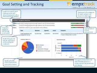 Goal Setting and Tracking
Empxtrack supports goal
tracking. System will
remind employees to fill in
achievements periodica...