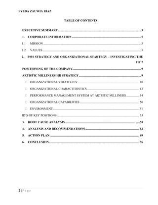 SYEDA ZAUWIA RIAZ
2 | P a g e
TABLE OF CONTENTS
EXECUTIVE SUMMARY.......................................................................................................3
1. CORPORATE INFORMATION......................................................................................5
1.1 MISSION .........................................................................................................................5
1.2 VALUES..........................................................................................................................5
2. PMS STRATEGY AND ORGANIZATIONAL STARTEGY – INVESTIGATING THE
FIT 7
POSITIONING OF THE COMPANY.....................................................................................9
ARTISTIC MILLINERS HR STRATEGY.............................................................................9
ORGANIZATIONAL STRATEGIES.............................................................................10
ORGANIZATIONAL CHARACTERISTICS................................................................. 12
PERFORMANCE MANAGEMENT SYSTEM AT ARTSITIC MILLINERS ................14
ORGANIZATIONAL CAPABILITIES..........................................................................50
ENVIRONMENT...........................................................................................................51
JD’S OF KEY POSITIONS ......................................................................................................53
3. ROOT CAUSE ANALYSIS ....................................................................................... ….59
4. ANALYSIS AND RECOMMENDATIONS...................................................................62
5. ACTION PLAN ...............................................................................................................69
6. CONCLUSION................................................................................................................76
 