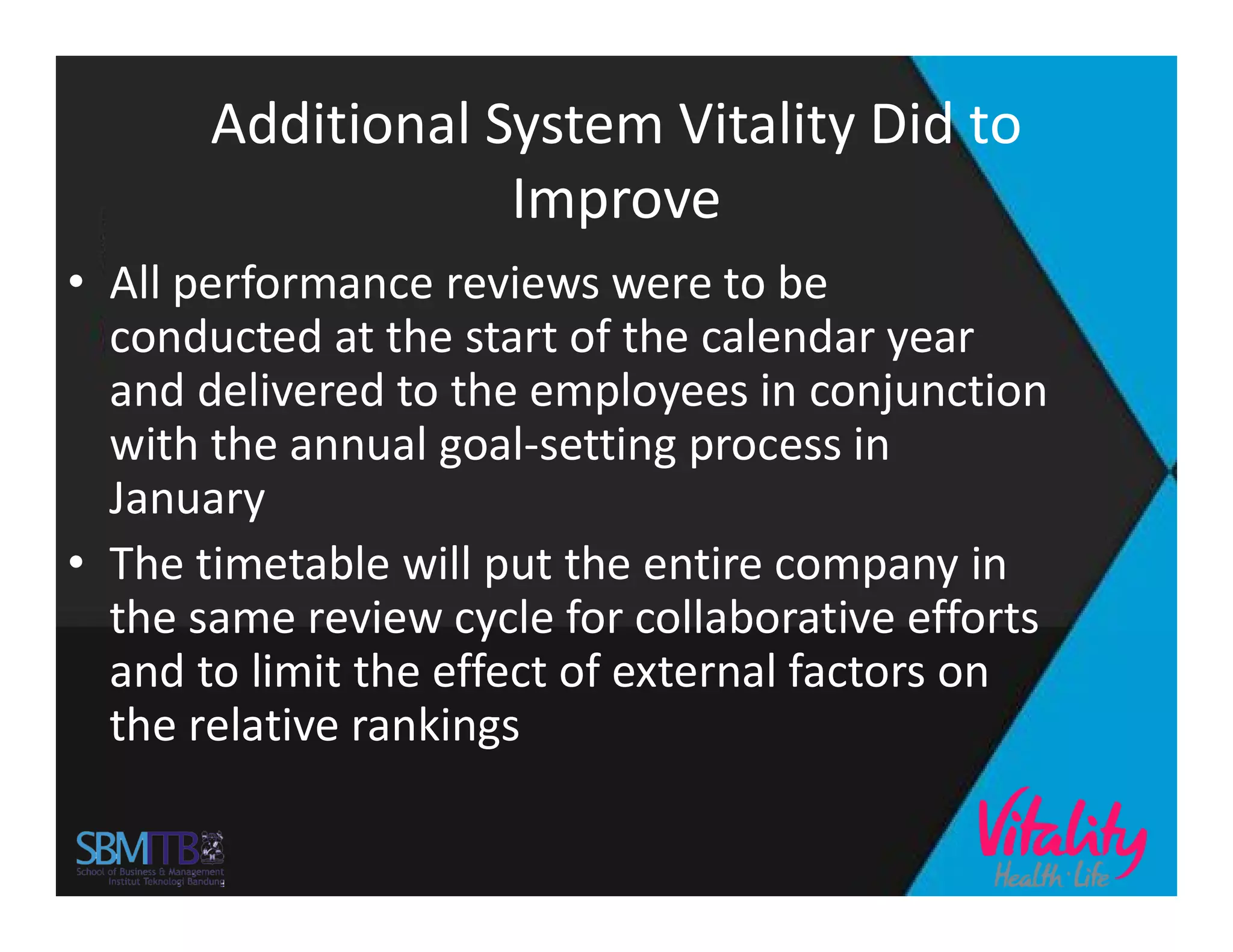 Additional System Vitality Did to
Improve
• All performance reviews were to be
conducted at the start of the calendar year
and delivered to the employees in conjunction
with the annual goal-setting process in
JanuaryJanuary
• The timetable will put the entire company in
the same review cycle for collaborative efforts
and to limit the effect of external factors on
the relative rankings
 
