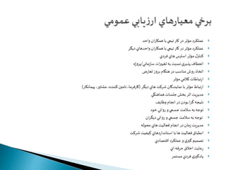 عملكرد مؤثر در كار تيمي با همكاران واحد  
عملكرد مؤثر در كار تيمي با همكاران واحدهاي ديگر  
كنترل مؤثر استرس هاي فردي  
انعطاف پذيري نسبت به تغييرات سازماني/پروژه  
اتخاذ روش مناسب در هنگام بروز تعارض  
ارتباطات كلامي مؤثر  
ارتباط مؤثر با نمايندگان شركت هاي ديگر )كارفرما، تامين كننده، مشاور، پيمانكار(  
مديريت اثر بخش جلسات هماهنگي  
نتيجه گرا بودن در انجام وظايف  
توجه به سلامت جسمي و رواني خود  
توجه به سلامت جسمي و رواني ديگران  
مديريت زمان در انجام فعاليت هاي محوله  
انطباق فعاليت ها با استانداردهاي كيفيت شركت  
تصميم گيري و عملكرد اقتصادي  
رعايت اخلاق حرفه اي  
يادگيري فردي مستمر  
 