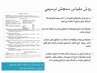 اين روش همان است كه در قالب فرم هاي 
ارزيابي در سازمانها رواج دارد. 
در اين روش معيارهايي تعيین و بر اساس پيوستاري توسط  
ارزيابان براي ارزيابي استفاده مي شود. 
معيارها بايد داراي توضيحات عملياتي روشن و مشترك شده بین  
ارزيابان باشد. 
معيارها مي توانند برگرفته از اهداف و استراتژي هاي سا زمان،  
واحد، پروژه، شرح شغل، ارزشهاي سازمان و فرايند هاي كاري 
باشند. 
هر فرم ارزيابي در اين روش شامل مقدمه و تعريف مقياس،  
ليست معيارها و شرح آنها، پيوستار سنجش معيار، بازخور د 
ارزشيابي شونده، و اهداف دوره ارزشيابي بعدي است. 
 