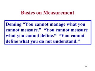 Basics on Measurement

Deming “You cannot manage what you
cannot measure.” “You cannot measure
what you cannot define.” “You cannot
define what you do not understand.”




                                  13
 