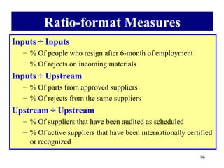 Ratio-format Measures
Inputs ÷ Inputs
  – % Of people who resign after 6-month of employment
  – % Of rejects on incoming materials
Inputs ÷ Upstream
  – % Of parts from approved suppliers
  – % Of rejects from the same suppliers
Upstream ÷ Upstream
  – % Of suppliers that have been audited as scheduled
  – % Of active suppliers that have been internationally certified
    or recognized
                                                              96
 