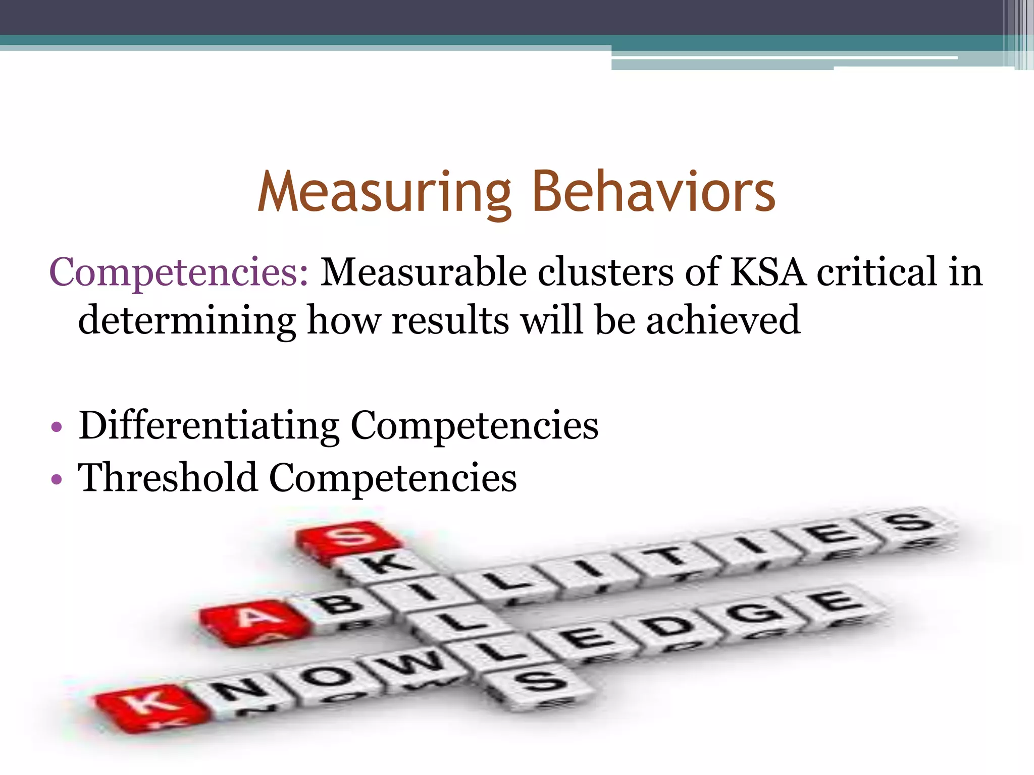 Measuring Behaviors
Competencies: Measurable clusters of KSA critical in
determining how results will be achieved
• Differentiating Competencies
• Threshold Competencies
 