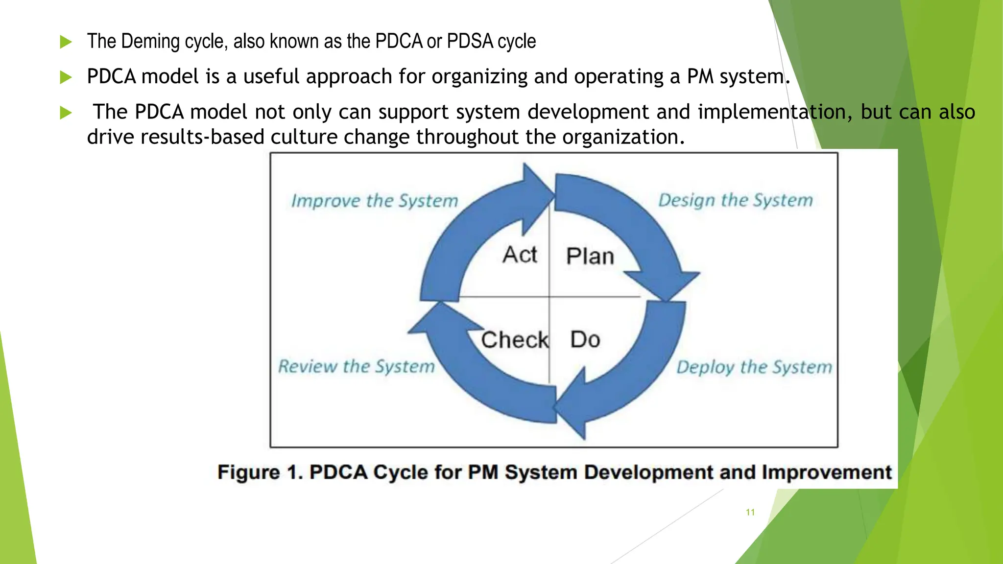  The Deming cycle, also known as the PDCA or PDSA cycle
 PDCA model is a useful approach for organizing and operating a PM system.
 The PDCA model not only can support system development and implementation, but can also
drive results-based culture change throughout the organization.
11
 