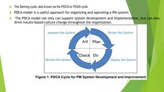  The Deming cycle, also known as the PDCA or PDSA cycle
 PDCA model is a useful approach for organizing and operating a PM system.
 The PDCA model not only can support system development and implementation, but can also
drive results-based culture change throughout the organization.
11
 