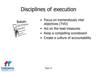 Disciplines of execution
• Focus on tremendously vital
objectives (TVO)
• Act on the lead measures
• Keep a compelling scoreboard
• Create a culture of accountability

Page 12

 