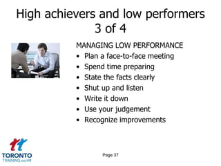 High achievers and low performers
3 of 4
MANAGING LOW PERFORMANCE
• Plan a face-to-face meeting
• Spend time preparing
• State the facts clearly
• Shut up and listen
• Write it down
• Use your judgement
• Recognize improvements

Page 37

 