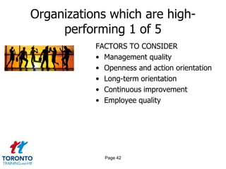 Organizations which are highperforming 1 of 5
FACTORS TO CONSIDER
• Management quality
• Openness and action orientation
• Long-term orientation
• Continuous improvement
• Employee quality

Page 42

 