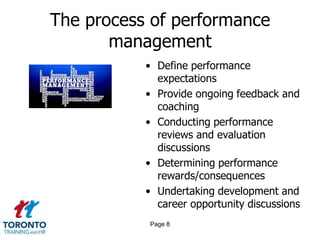 The process of performance
management
• Define performance
expectations
• Provide ongoing feedback and
coaching
• Conducting performance
reviews and evaluation
discussions
• Determining performance
rewards/consequences
• Undertaking development and
career opportunity discussions
Page 8

 