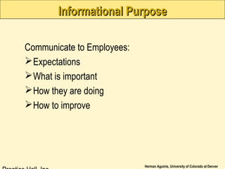 Herman Aguinis, University of Colorado at Denver
Informational PurposeInformational Purpose
Communicate to Employees:
Expectations
What is important
How they are doing
How to improve
 