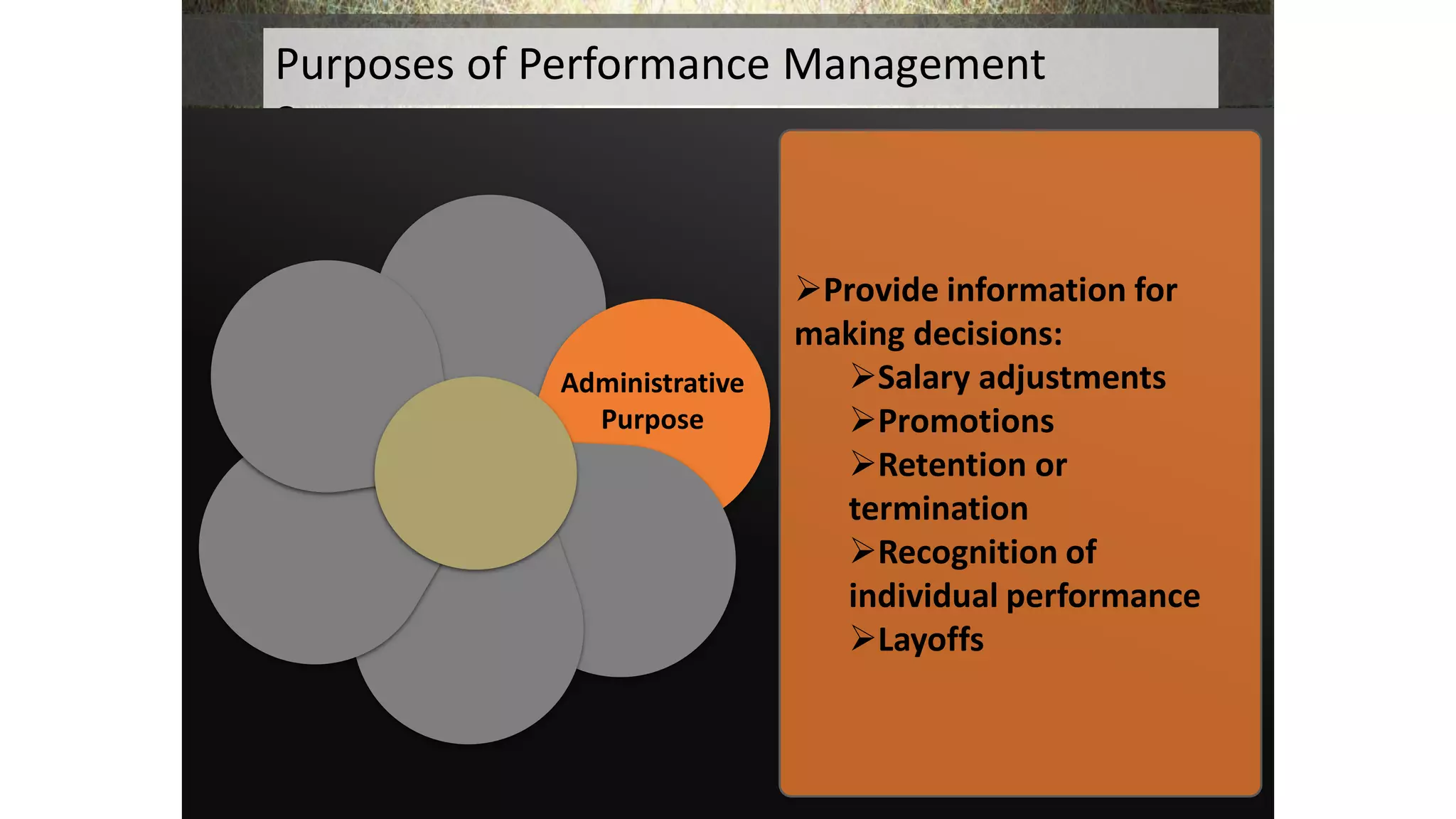 Purposes of Performance Management
Systems:
Administrative
Purpose
Provide information for
making decisions:
Salary adjustments
Promotions
Retention or
termination
Recognition of
individual performance
Layoffs
 