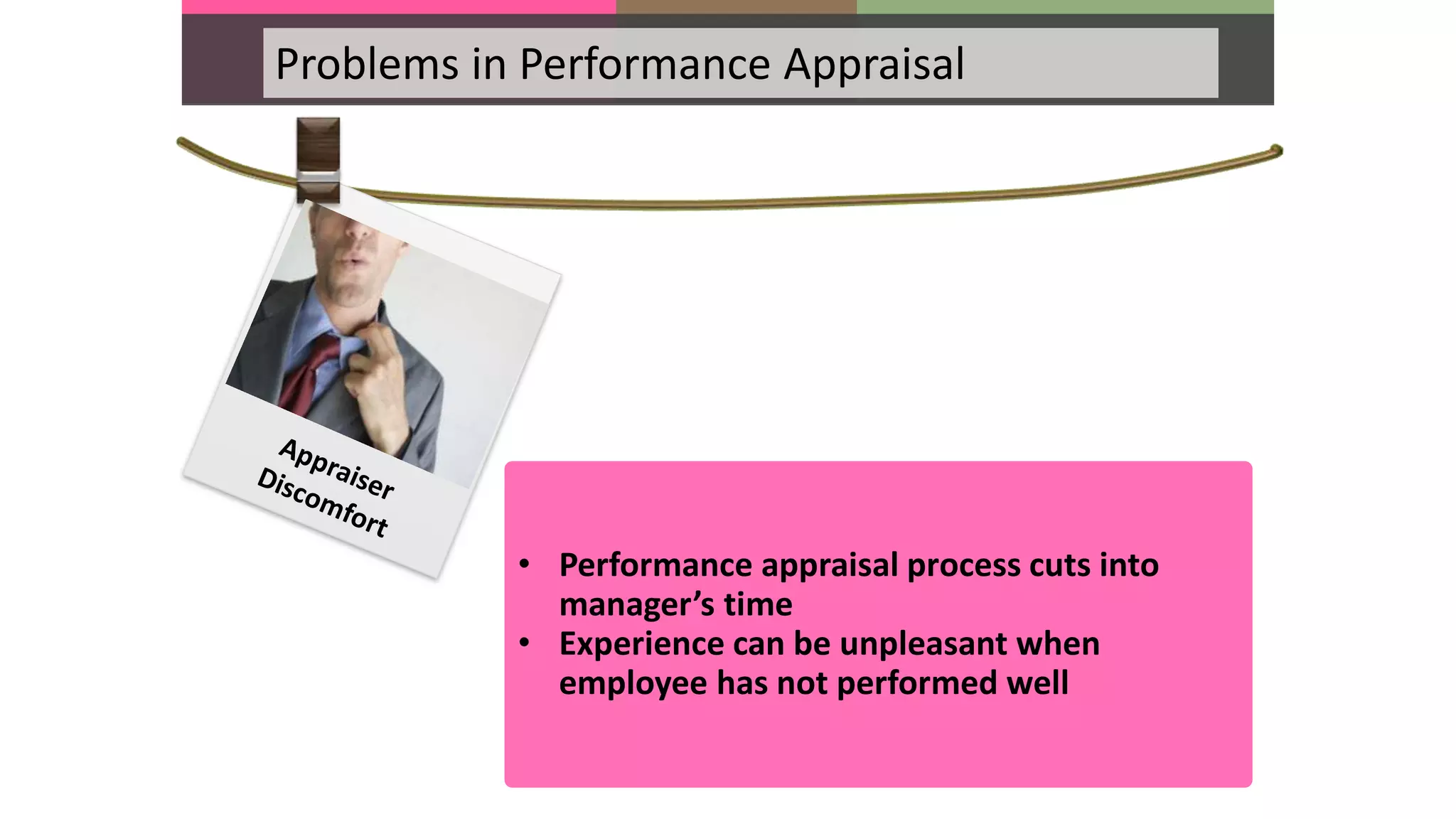 Problems in Performance Appraisal
• Performance appraisal process cuts into
manager’s time
• Experience can be unpleasant when
employee has not performed well
 