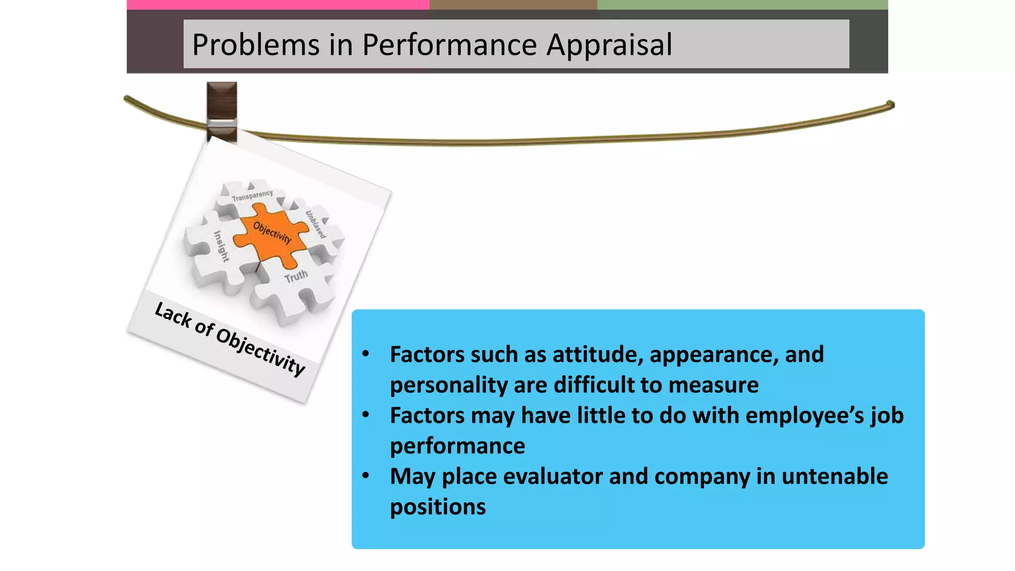 Problems in Performance Appraisal
• Factors such as attitude, appearance, and
personality are difficult to measure
• Factors may have little to do with employee’s job
performance
• May place evaluator and company in untenable
positions
 