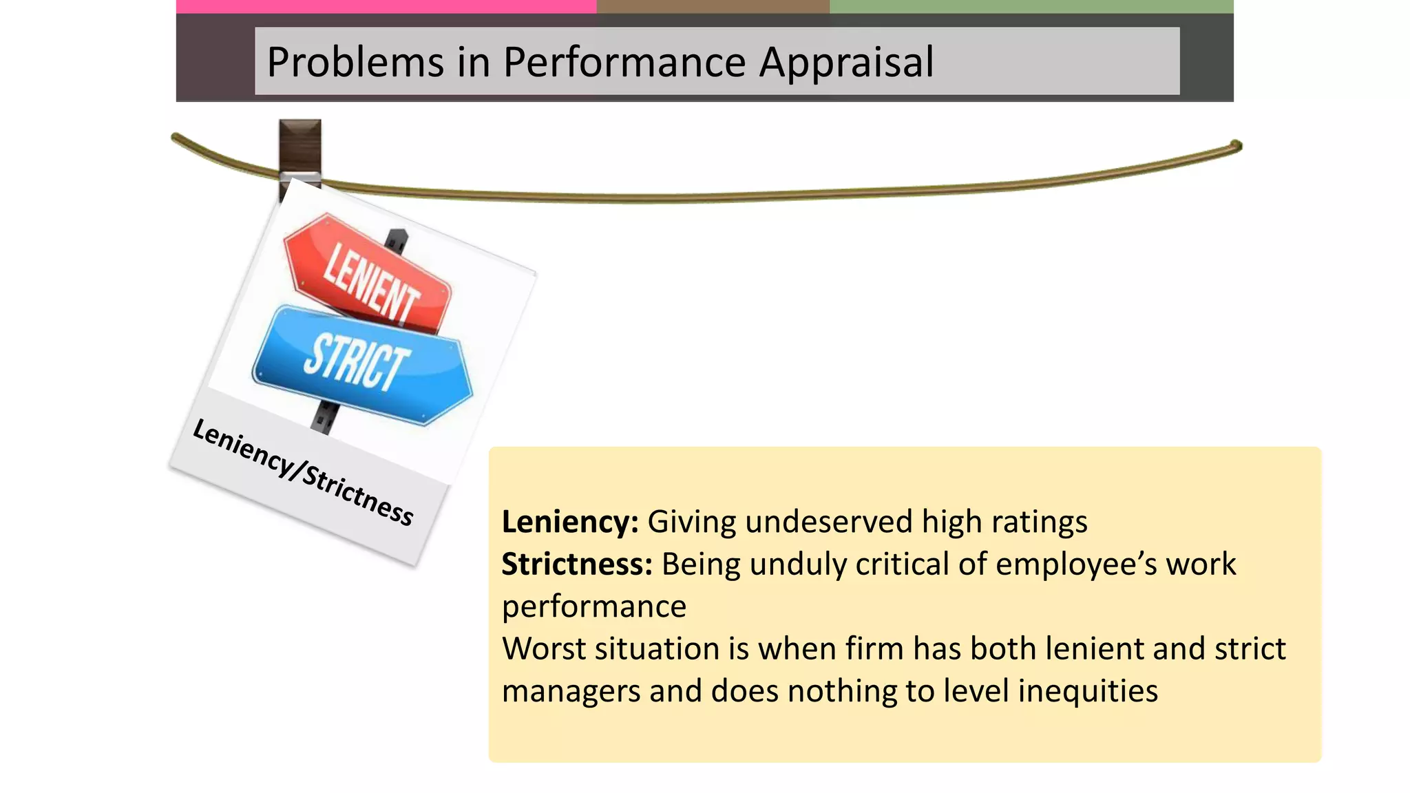 Problems in Performance Appraisal
Leniency: Giving undeserved high ratings
Strictness: Being unduly critical of employee’s work
performance
Worst situation is when firm has both lenient and strict
managers and does nothing to level inequities
 