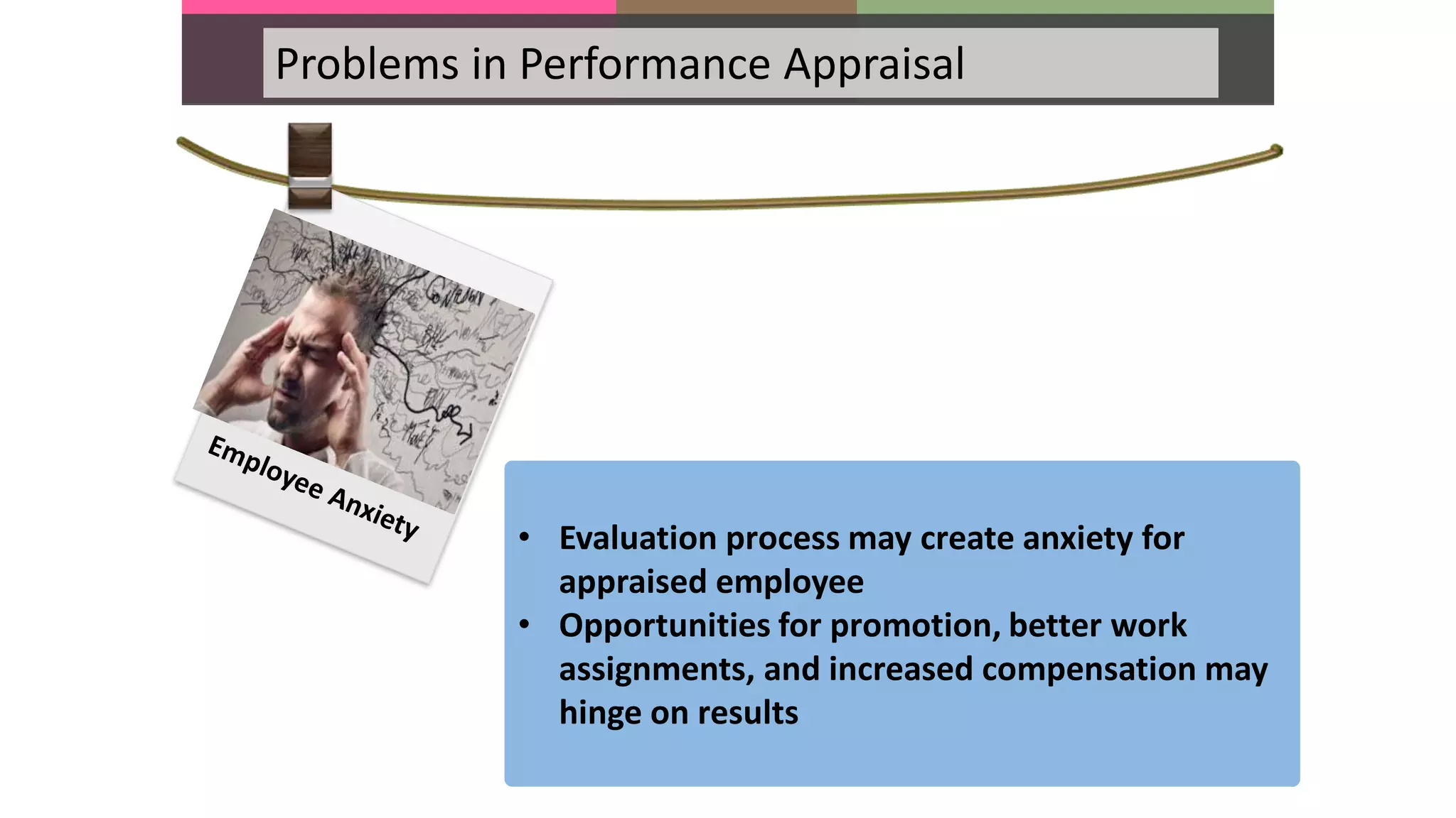 Problems in Performance Appraisal
• Evaluation process may create anxiety for
appraised employee
• Opportunities for promotion, better work
assignments, and increased compensation may
hinge on results
 