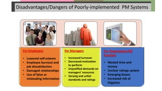 Disadvantages/Dangers of Poorly-implemented PM Systems
For Employees
• Lowered self-esteem
• Employee burnout and
job dissatisfaction
• Damaged relationships
• Use of false or
misleading information
For Managers
• Increased turnover
• Decreased motivation
to perform
• Unjustified demands on
managers’ resources
• Varying and unfair
standards and ratings
For Organization/HR
Function
• Wasted time and
money
• Unclear ratings system
• Emerging biases
• Increased risk of
litigation
 