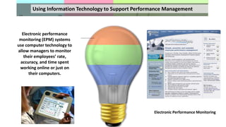Using Information Technology to Support Performance Management
Electronic performance
monitoring (EPM) systems
use computer technology to
allow managers to monitor
their employees’ rate,
accuracy, and time spent
working online or just on
their computers.
Electronic Performance Monitoring
 