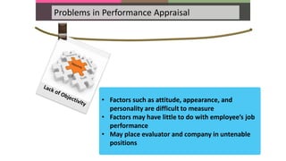 Problems in Performance Appraisal
• Factors such as attitude, appearance, and
personality are difficult to measure
• Factors may have little to do with employee’s job
performance
• May place evaluator and company in untenable
positions
 