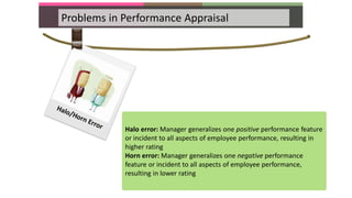 Problems in Performance Appraisal
Halo error: Manager generalizes one positive performance feature
or incident to all aspects of employee performance, resulting in
higher rating
Horn error: Manager generalizes one negative performance
feature or incident to all aspects of employee performance,
resulting in lower rating
 