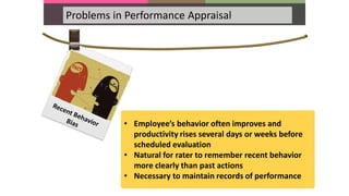 Problems in Performance Appraisal
• Employee’s behavior often improves and
productivity rises several days or weeks before
scheduled evaluation
• Natural for rater to remember recent behavior
more clearly than past actions
• Necessary to maintain records of performance
 
