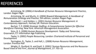 REFERENCES
Armstrong, M. (2006) A Handbook of Human Resource Management Practice,
London: Kogan Page.
Armstrong, M. and Murlis, H. (2004) Reward Management: A Handbook of
Remuneration Strategy and Practice, 5th edition, London: Kogan Page.
Beardwell, I. and Holden, L. (2001) Human Resource Management: A
Contemporary Approach, Harlow, UK: Pearson Education.
Bechet, T, P. (2008) Strategic Staffing: A Comprehensive System for Effective
Workforce Planning, New York: American Management Association.
Sims, R. S. (2006) Human Resource Development: Today and Tomorrow,
Greenwich, CT: Information Age Publishing
Taylor, S. (2002) People Resourcing, London: Chartered Institute of Personnel and
Development
Torrington, D., Taylor, S. and Hall, L. (2008) Human Resource Management,
London: Prentice Hall
Wright, P., Dunford, B. and Snell, S. (2001) ‘Human Resources and the Resource-
Based View of the Firm’, Journal of Management, 27: 701–21
 